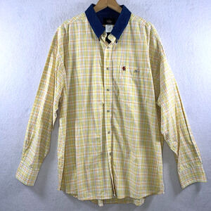 PBR Men Plaid Button Shirt Sz XXL Yellow Western Denim Collar Rodeo Ranch Cowboy